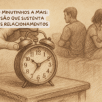O nome do texto na imagem. Ao fundo, uma silhueta de casal sentado de costas um para o outro, sugerindo distância e silêncio após uma briga. A imagem sugere a analogia entre “cinco minutinhos a mais” e os conflitos adiados em relacionamentos.